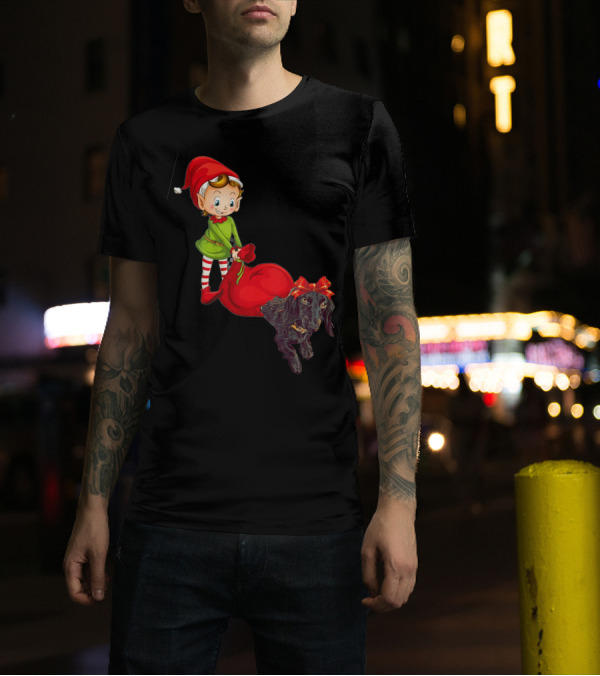 Kids Elf With Red Gift Sack And Black Dog In Santa Hat T-Shirt
