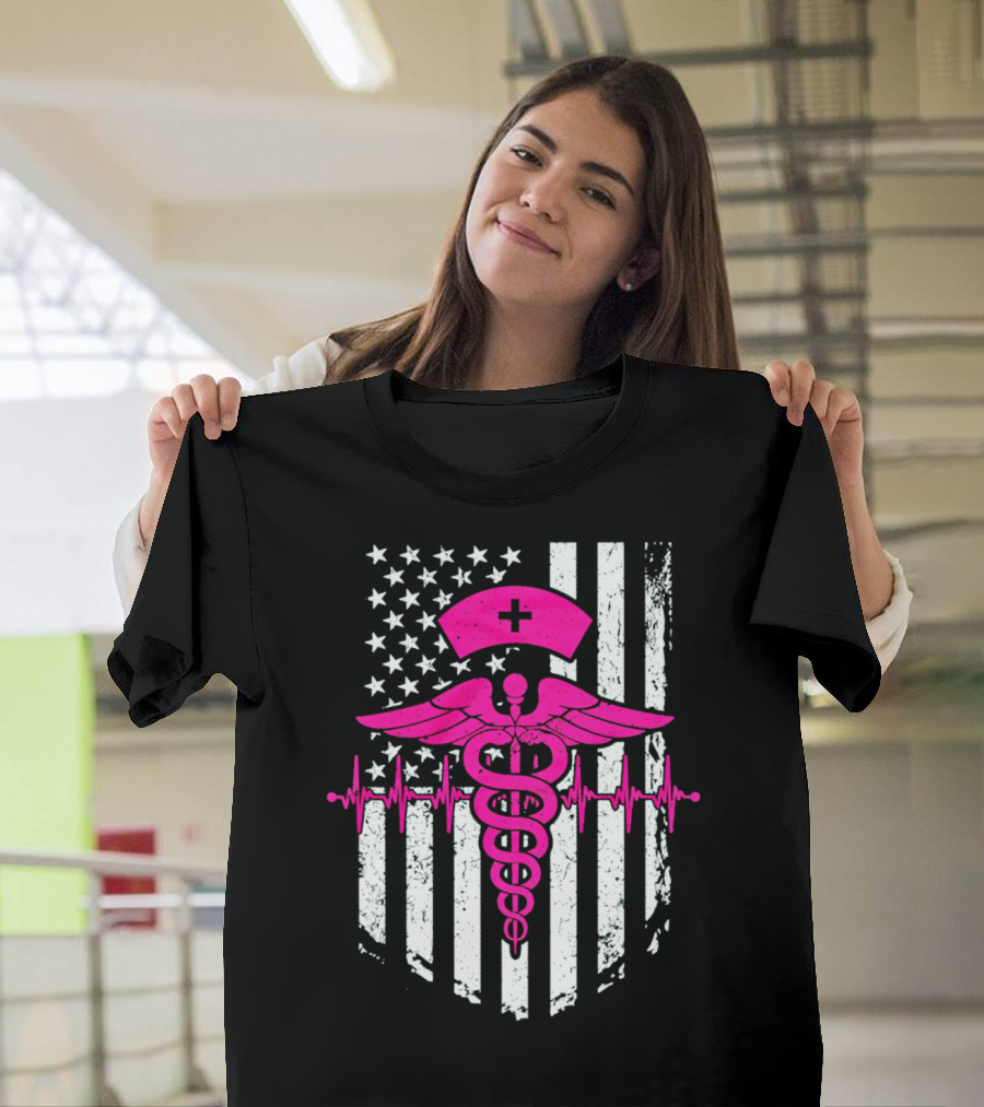 Nurse Pink Caduceus with USA Flag and Heartbeat T-Shirt