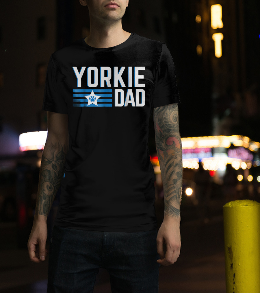 Yorkie Dad Yorkshire Terrier Dad Blue Paw Print Star T-Shirt