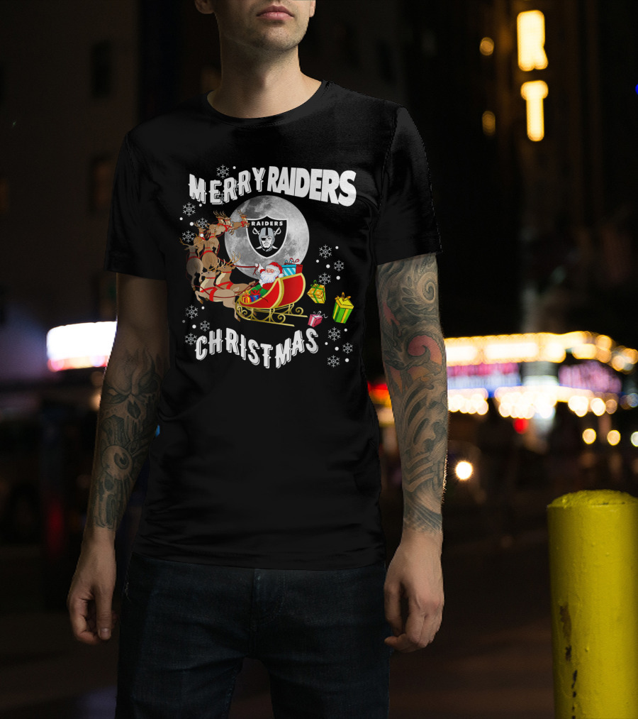 Merry Raiders Christmas Santa Sleigh Snowflakes Reindeer Presents T-Shirt