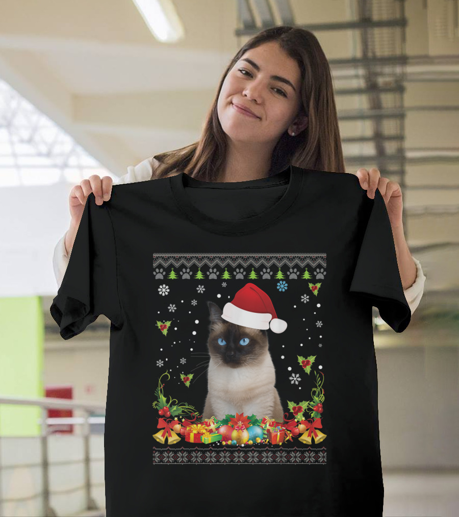 Merry Christmas Siamese Cat UglySweater Santa Hat Snowflake Ornaments T-Shirt