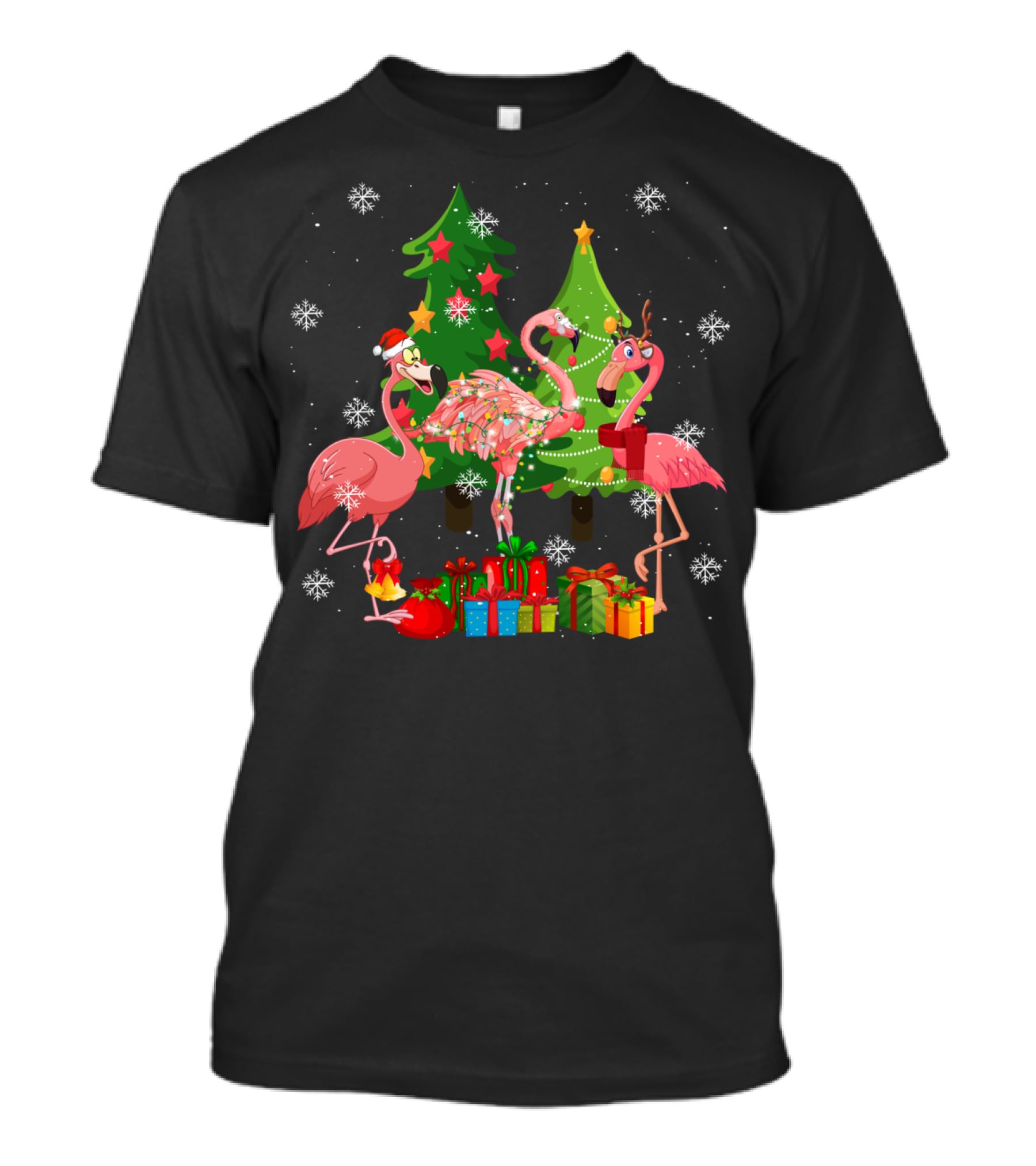 Merry Flocking Christmas Cute Flamingo Snowflake Presents T-Shirt