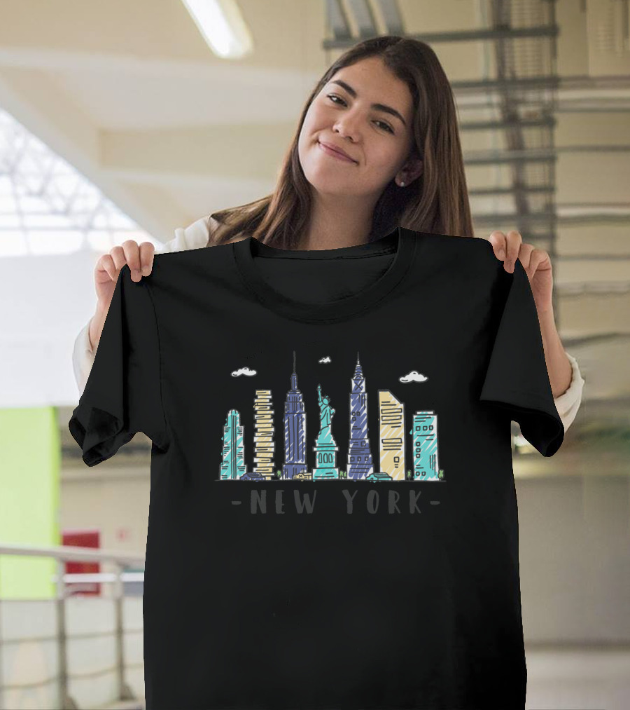 New York Skyline NYC Watercolor Landmarks Statue Of Liberty T-Shirt