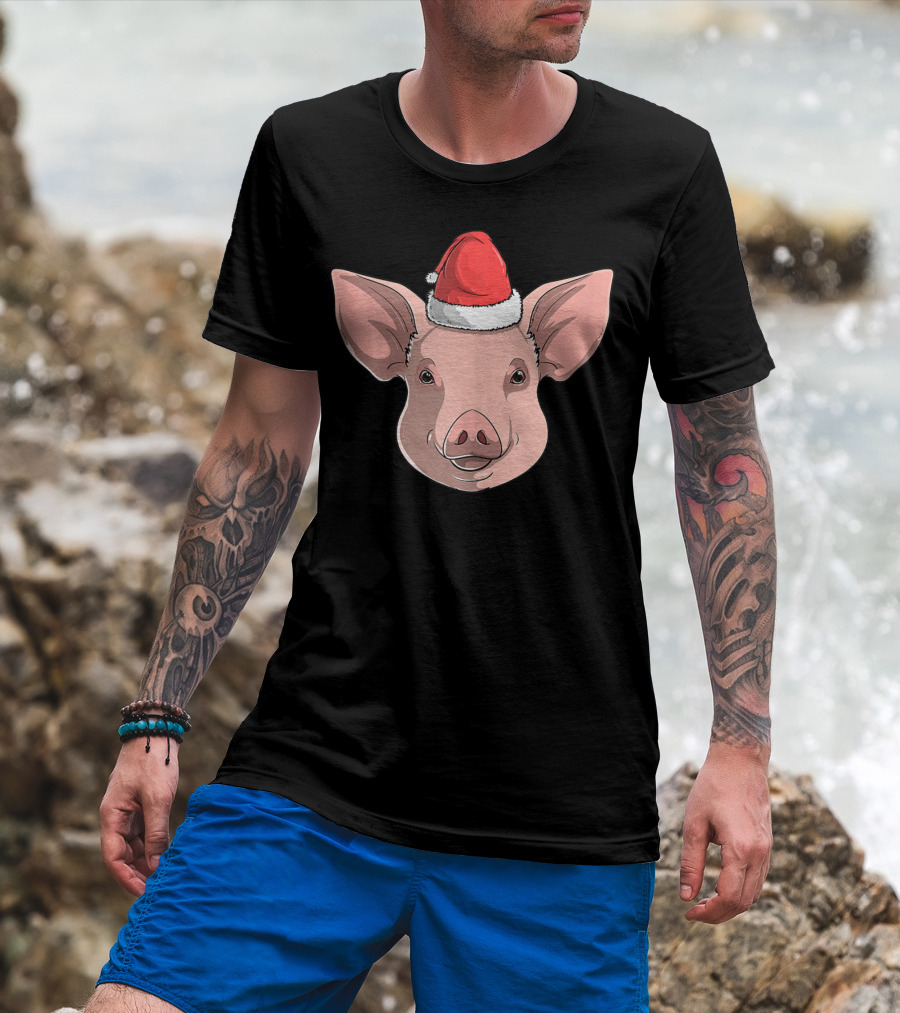 Pig Wearing Santa Claus Hat Christmas Holiday T-Shirt