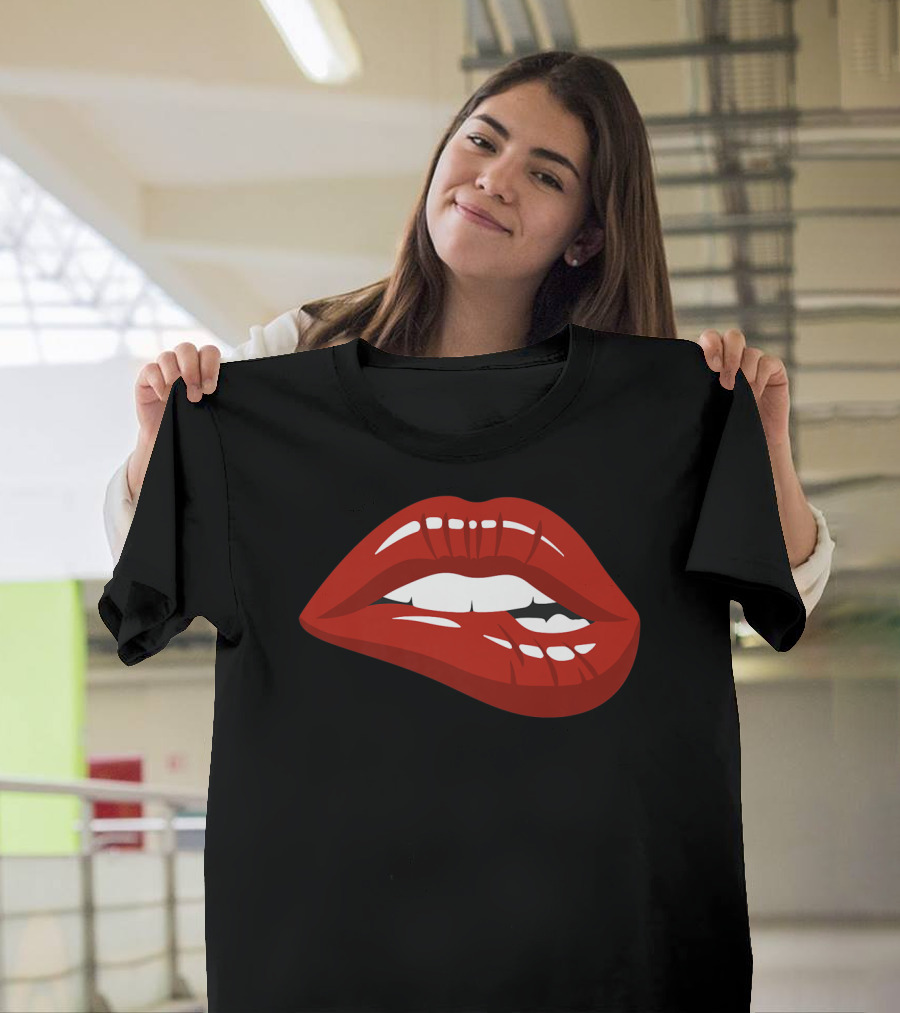 Red Lips Biting Lipstick Makeup Iconic Red Pout T-Shirt
