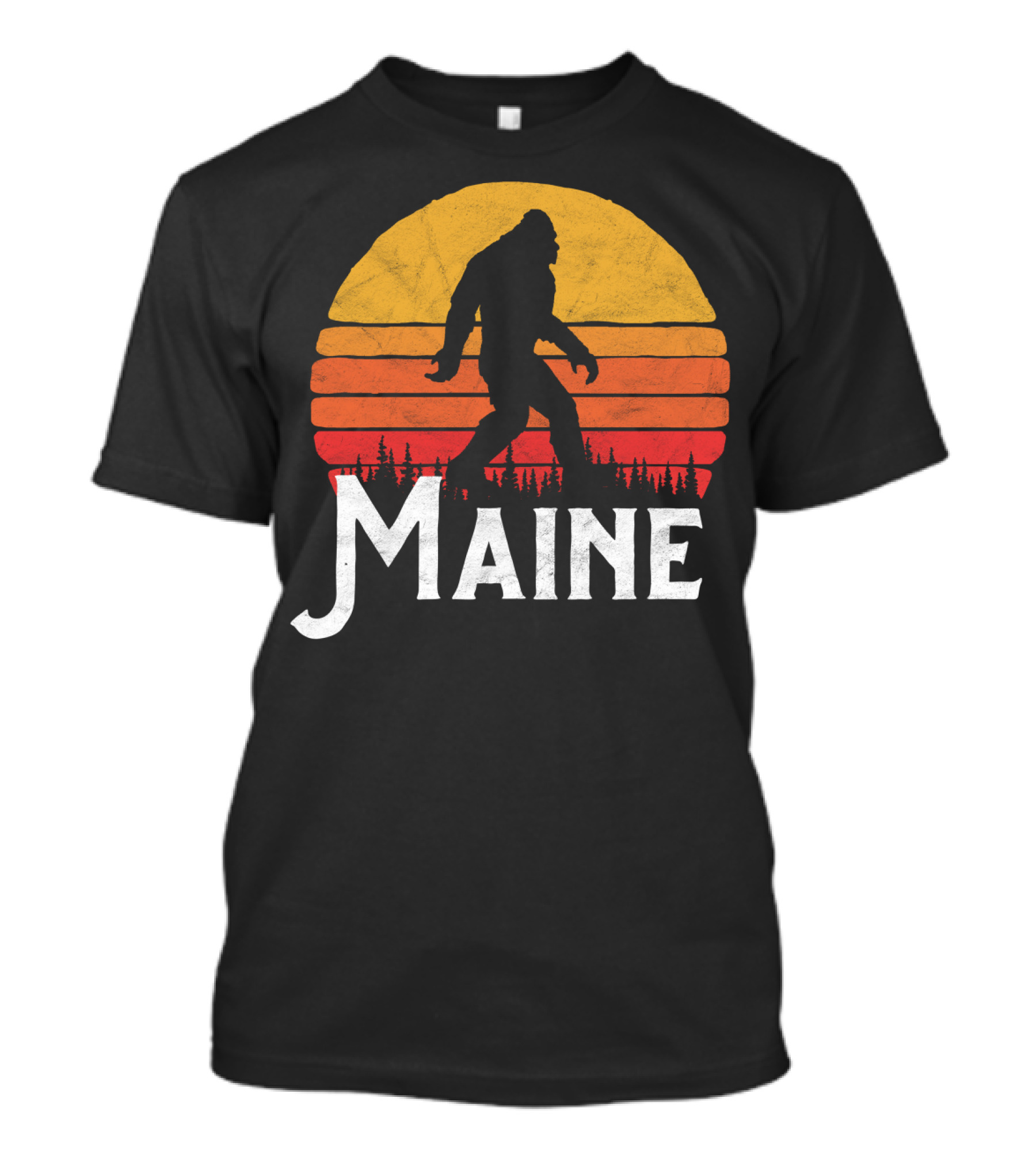 Maine Bigfoot Silhouette Retro Sun Believe T-Shirt