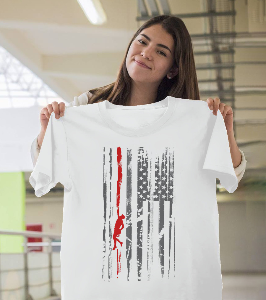Rock Climbing Silhouette On American Flag Stripes And Stars T-Shirt