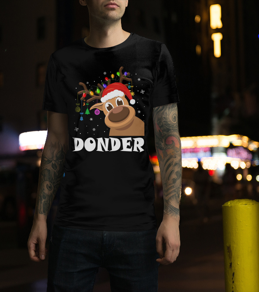 Santa Reindeer Donder Xmas Lights And Ornaments T-Shirt