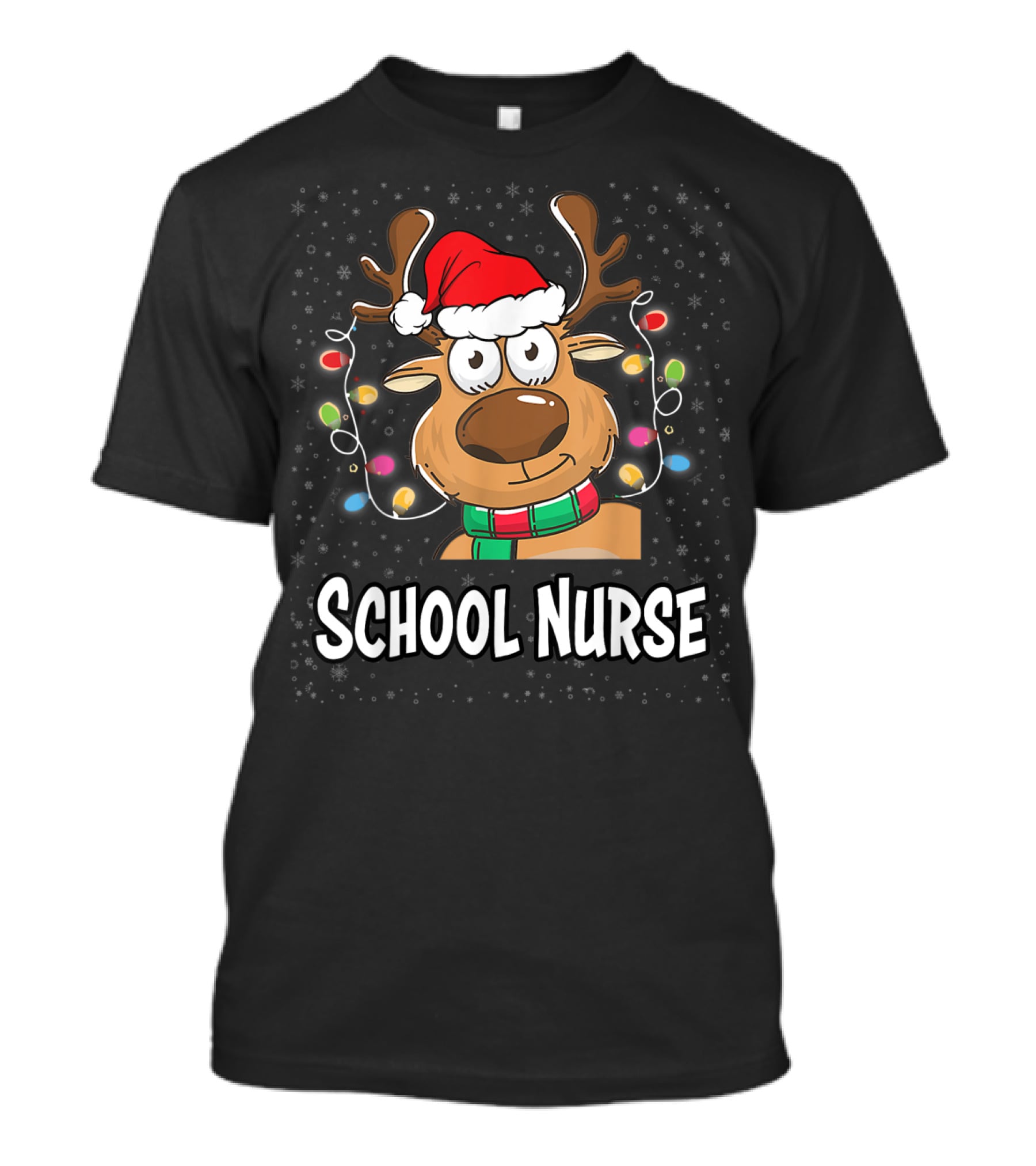 Santa Reindeer School Nurse Festive Christmas Lights T-Shirt