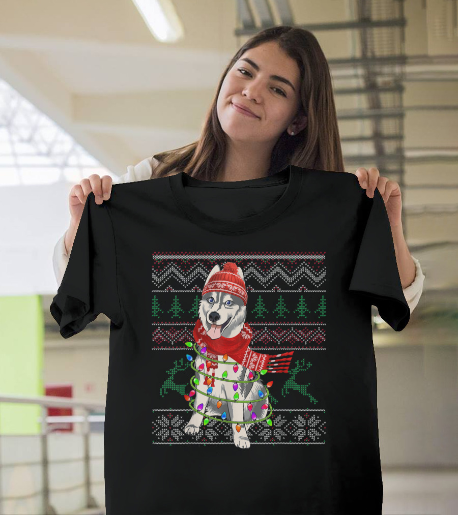 Siberian Husky Christmas Lights Holiday T-Shirt