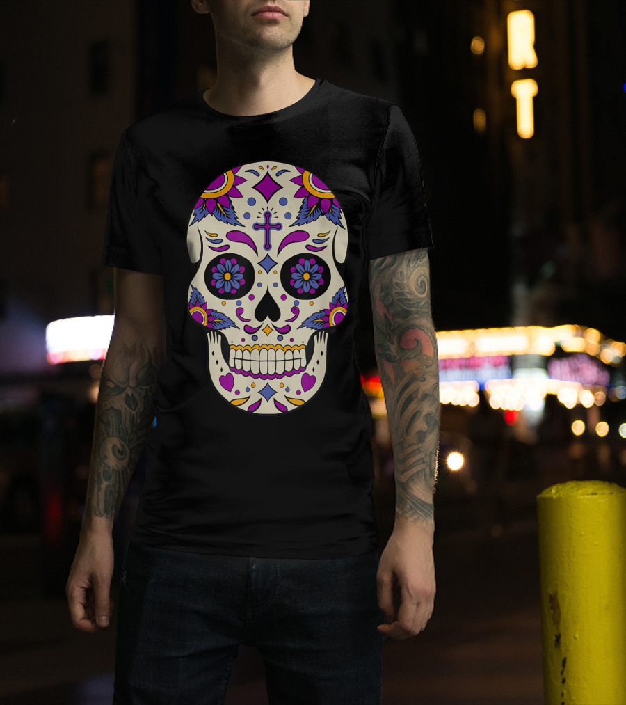 Sugar Skull Day Of The Dead Halloween Dia De Los Muertos Colorful Cross Floral T-Shirt