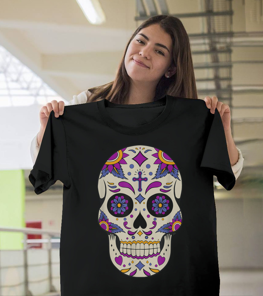 Sugar Skull Day Of The Dead Halloween Dia De Los Muertos Colorful Cross Floral T-Shirt