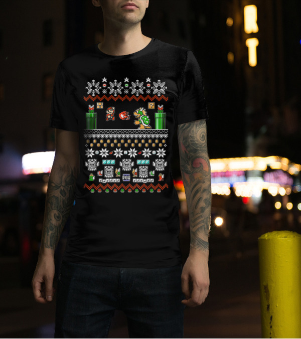 Super Mario And Bowser Pixel Art Holiday Theme With Coin And Mushroom Elements T-Shirt