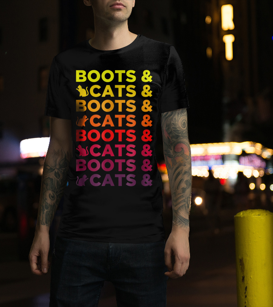 Boots And Cats EDM Rave Festival Funny Repeating Text And Cat T-Shirt