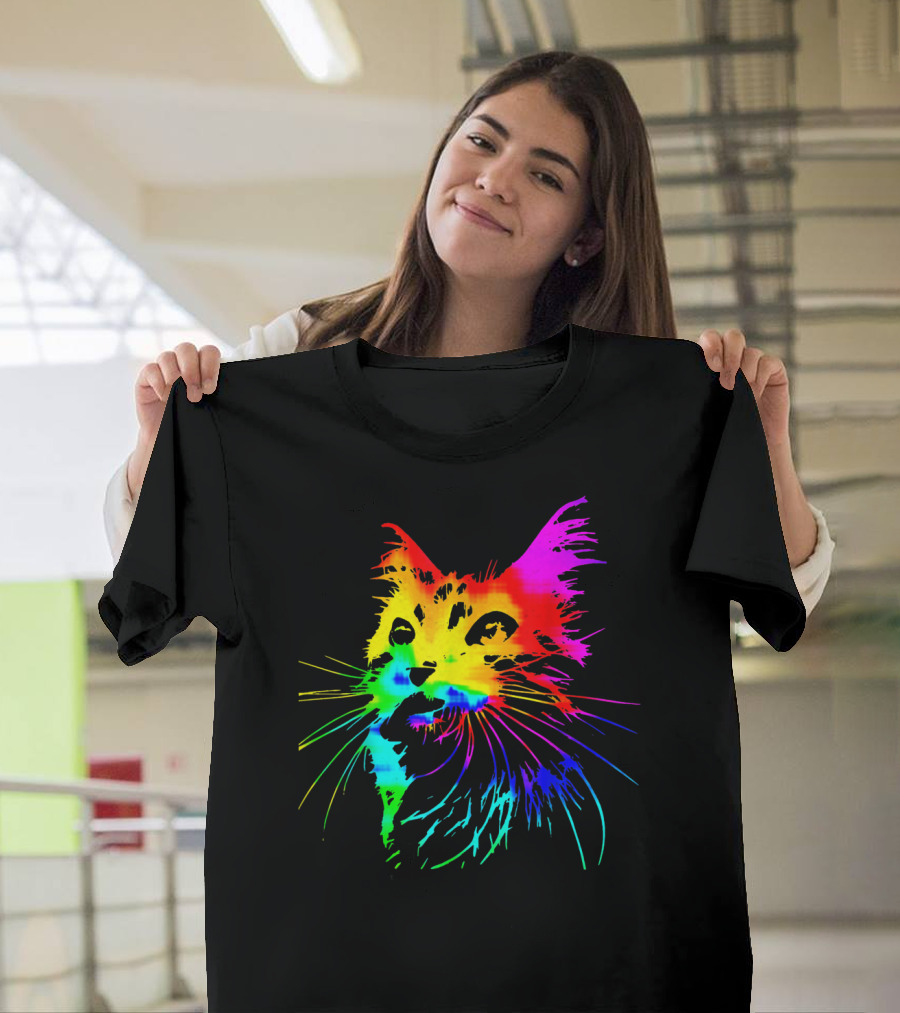 Tie Dye Rainbow Cat Multicolor Psychedelic Cat T-Shirt
