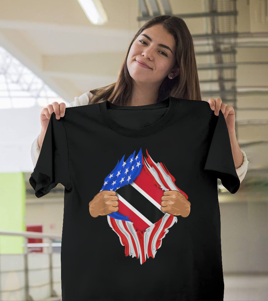 American And Trinidad And Tobago Flag Ripped Open T-Shirt