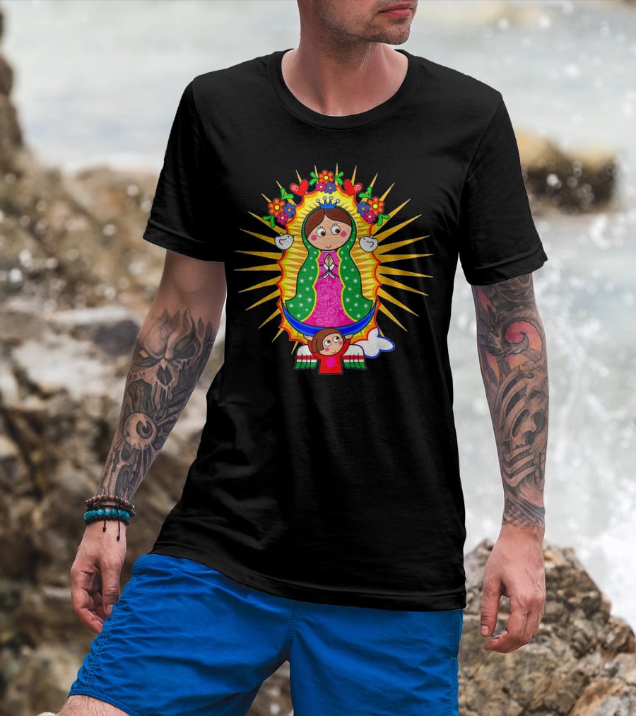 Virgen De Guadalupe Cartoon Mexican Folk Art Angel Children Flowers Sacred Image T-Shirt
