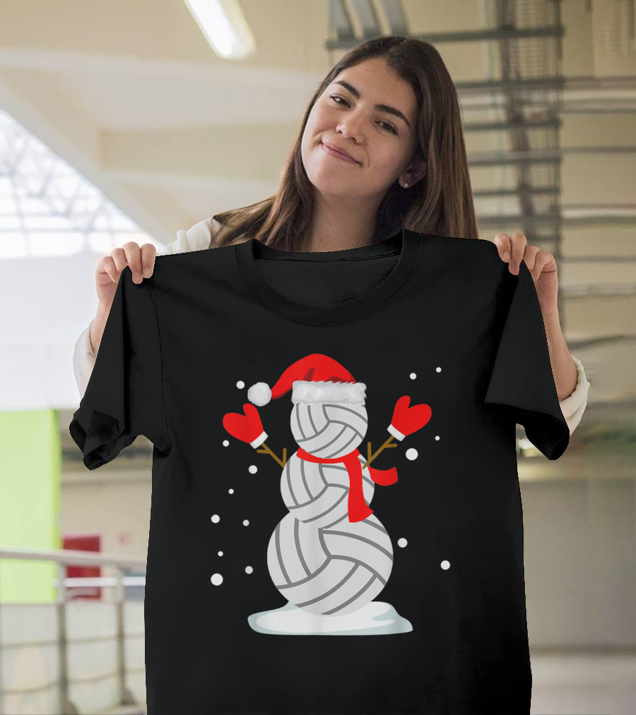 Volleyball Snowman With Santa Hat And Red Mittens T-Shirt