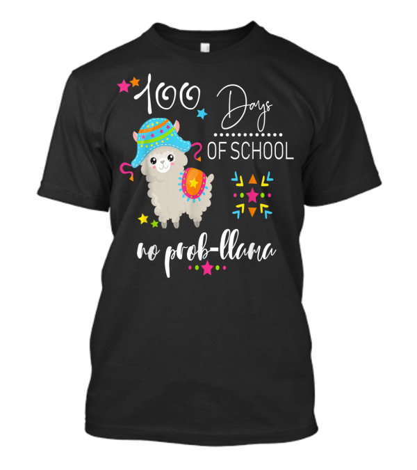 100 Days Of School No Prob-Llama With Colorful Hat And Stars T-Shirt