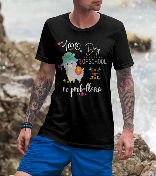 100 Days Of School No Prob-Llama With Colorful Hat And Stars T-Shirt