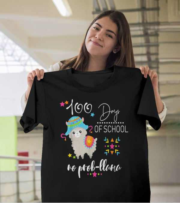 100 Days Of School No Prob-Llama With Colorful Hat And Stars T-Shirt