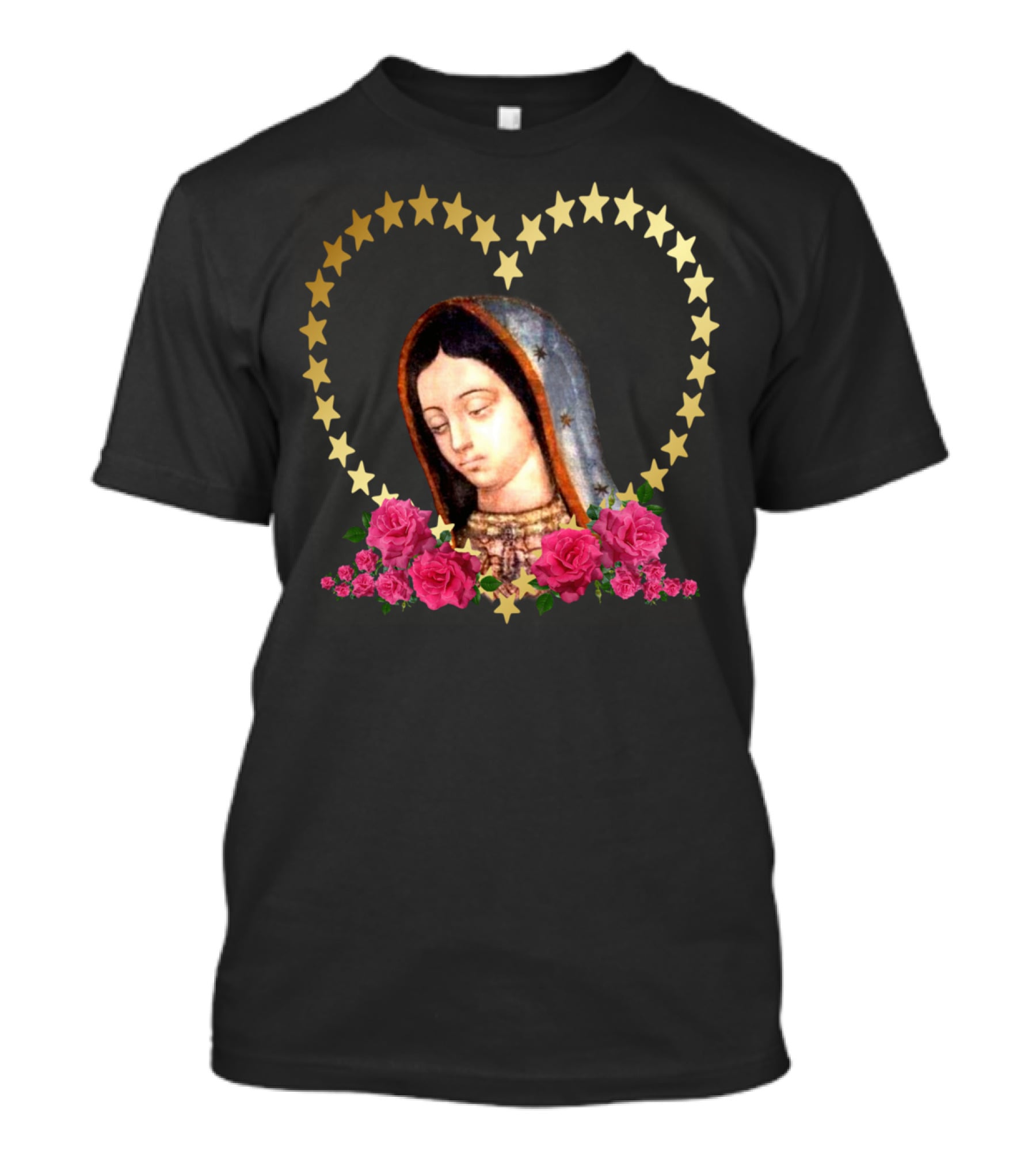 Our Lady Of Guadalupe Mexican Virgin Mary With Gold Stars And Roses T-Shirt