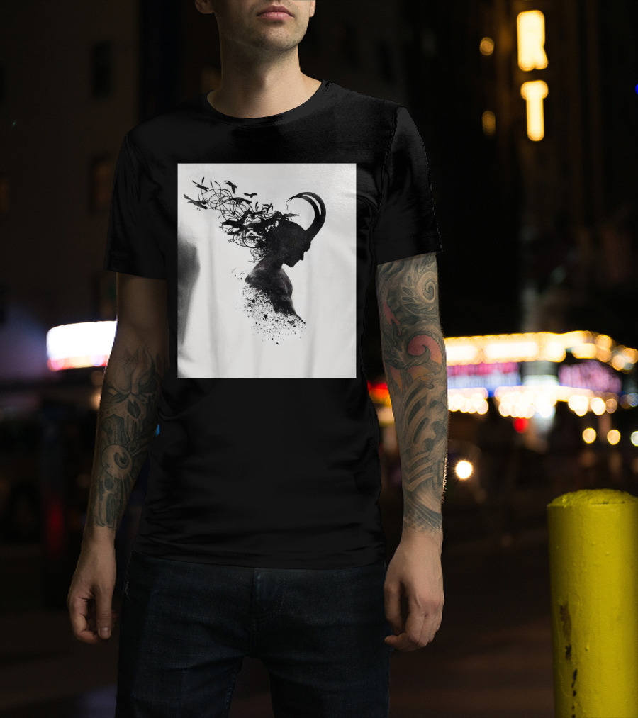 Loki Norse God Of Mischief Silhouette With Birds And Horns T-Shirt