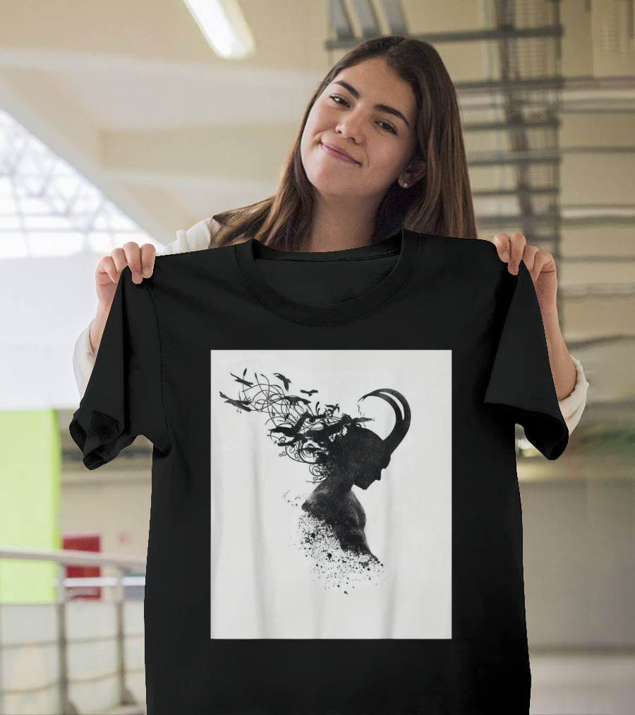 Loki Norse God Of Mischief Silhouette With Birds And Horns T-Shirt