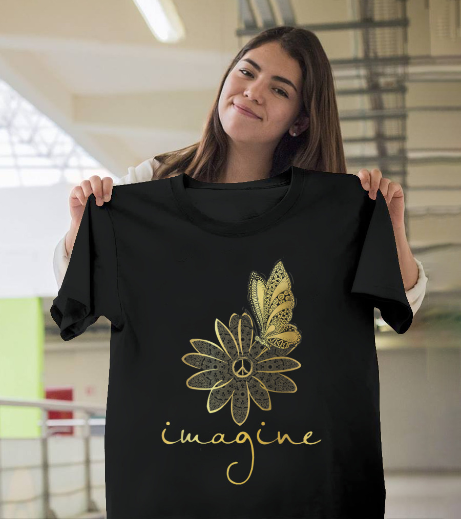 Imagine Peace Symbol Flower Butterfly Mandala T-Shirt