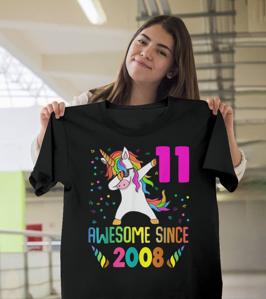 11 Awesome Since 2008 Unicorn Dabbing Birthday T-Shirt