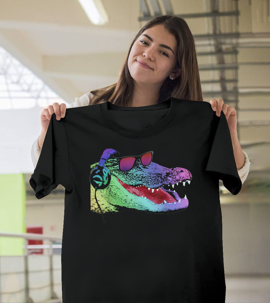 Cool Rainbow Alligator Wearing Headphones and Sunglasses T-Shirt