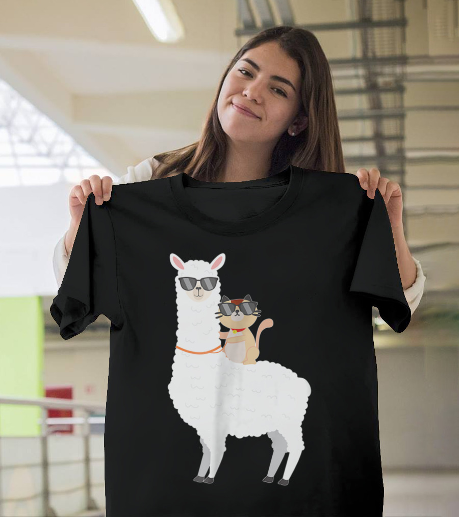 Cute Cat and Llama in Sunglasses Adventure Birthday T-Shirt