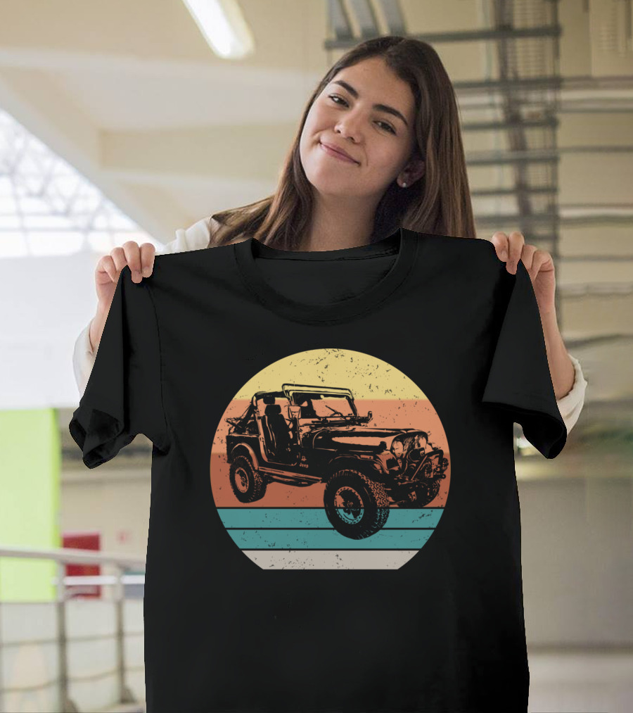 Eighties Style Distressed Jeep with Retro Sunset Stripes T-Shirt