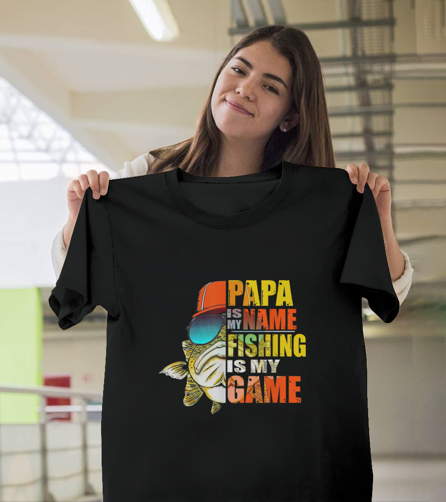 Papa Is My Name Fishing Is My Game Father's Tee Featuring Sunglass-Wearing Fish with Red Cap T-Shirt