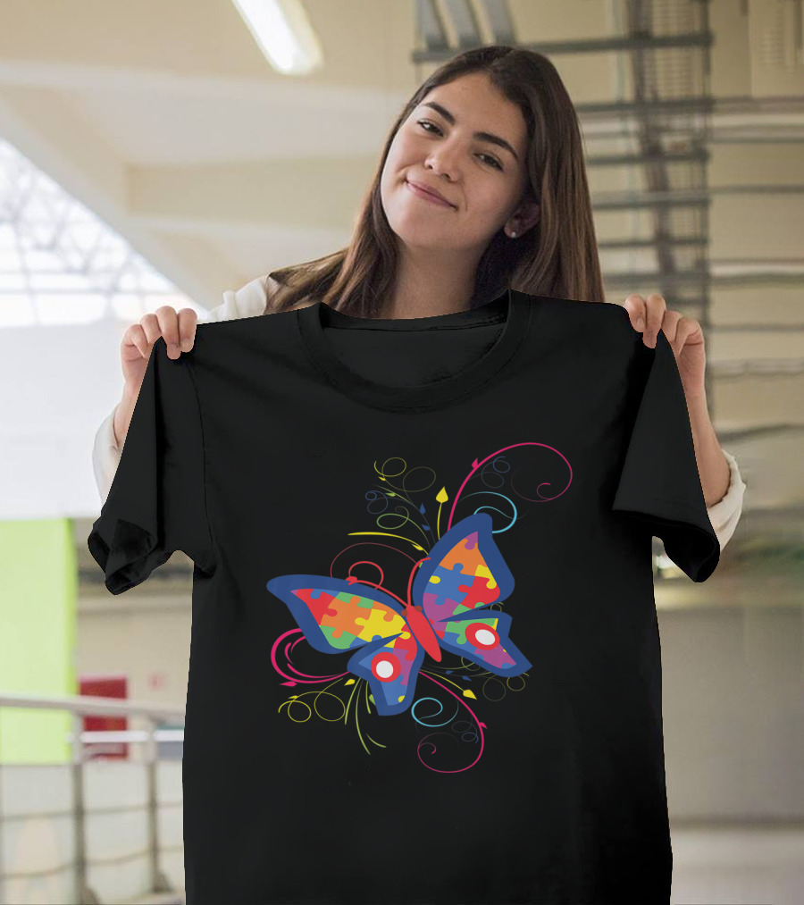Autism Awareness Puzzle Butterfly Colorful Swirl T-Shirt