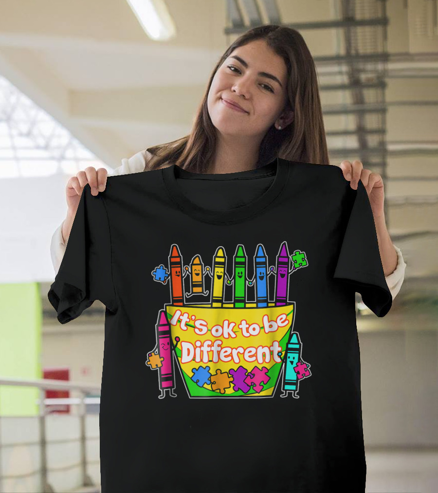 Autism Awareness Crayons It's Ok To Be Different Puzzle Pieces T-Shirt