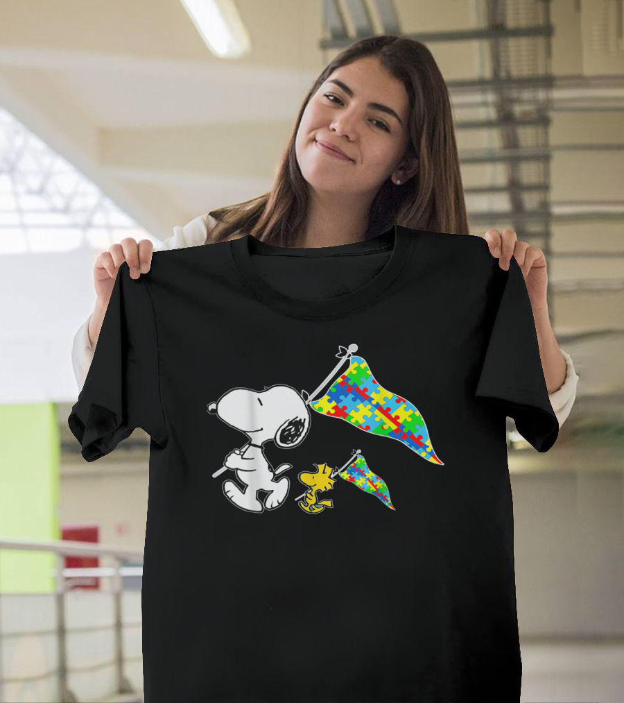 Snoopy and Woodstock Autism Awareness Puzzle Flags T-Shirt