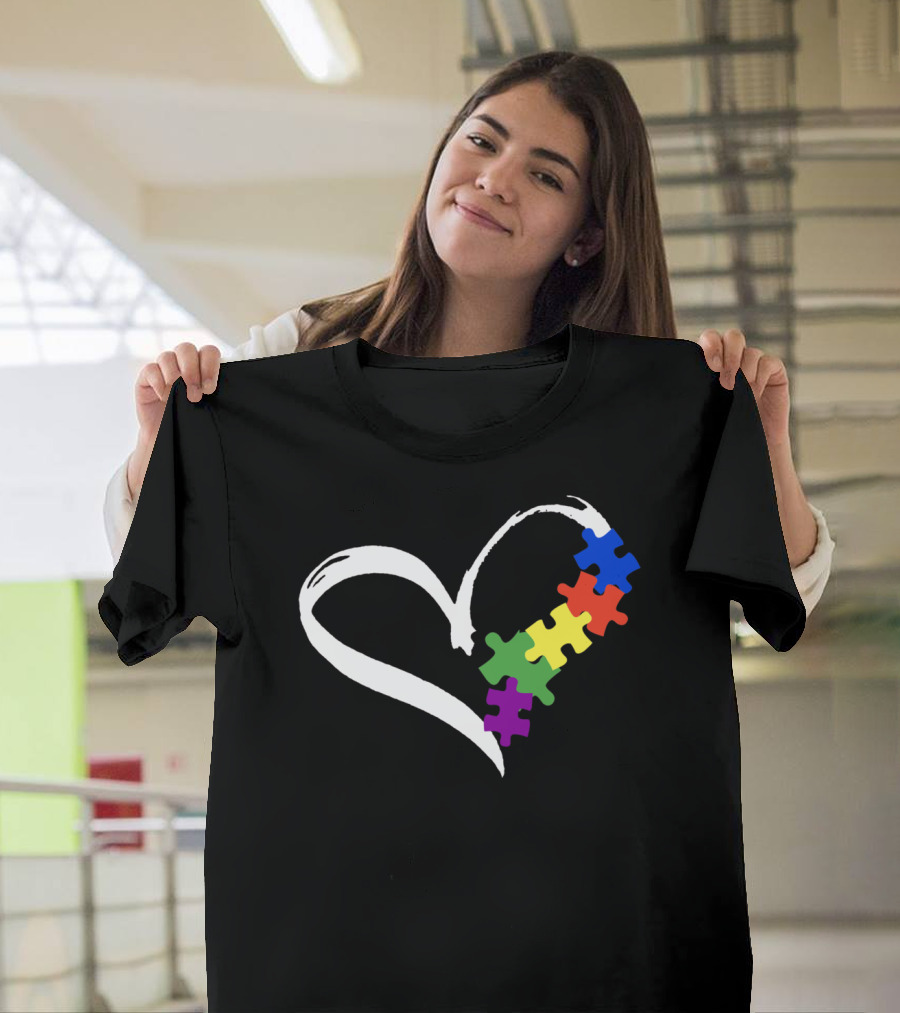 Autism Puzzle Love Heart Rainbow Puzzle Pieces T-Shirt