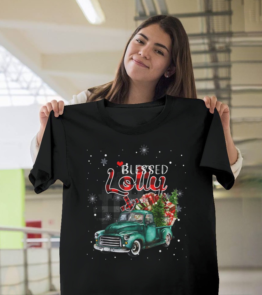 Blessed Lolly Red Plaid Christmas Truck and Gifts Snowflakes T-Shirt