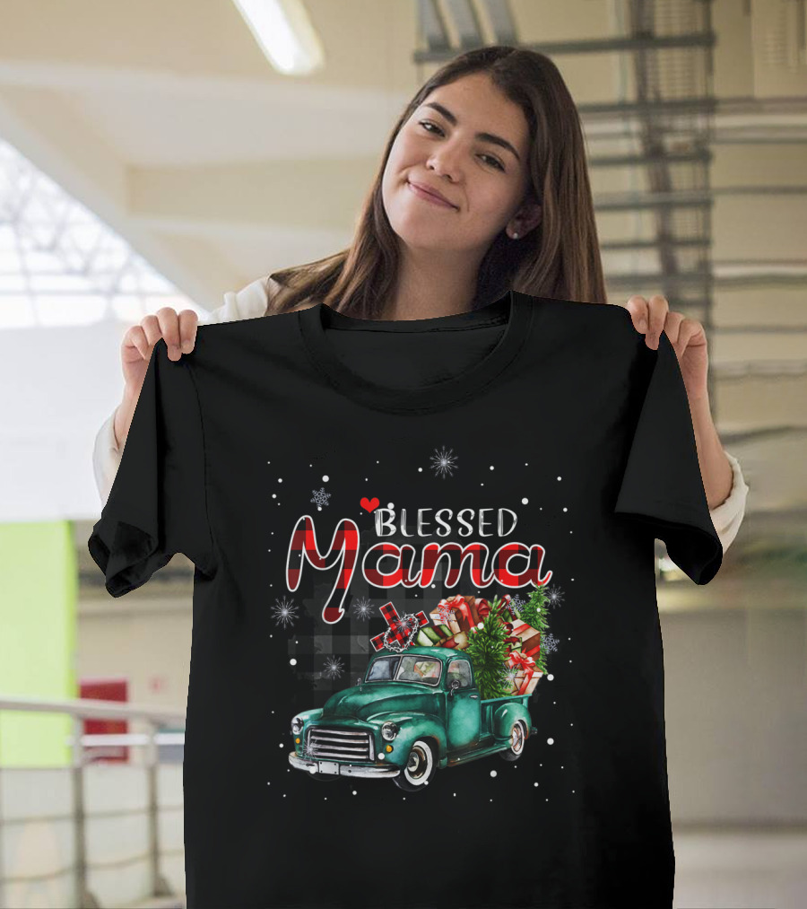Blessed Mama Red Plaid Christmas Truck with Gifts and Snowflakes T-Shirt