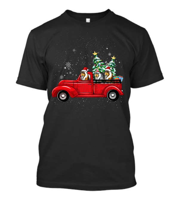 Cute Rough Collies In Santa Hats On Red Christmas Truck With Snowflakes And Christmas Trees T-Shirt