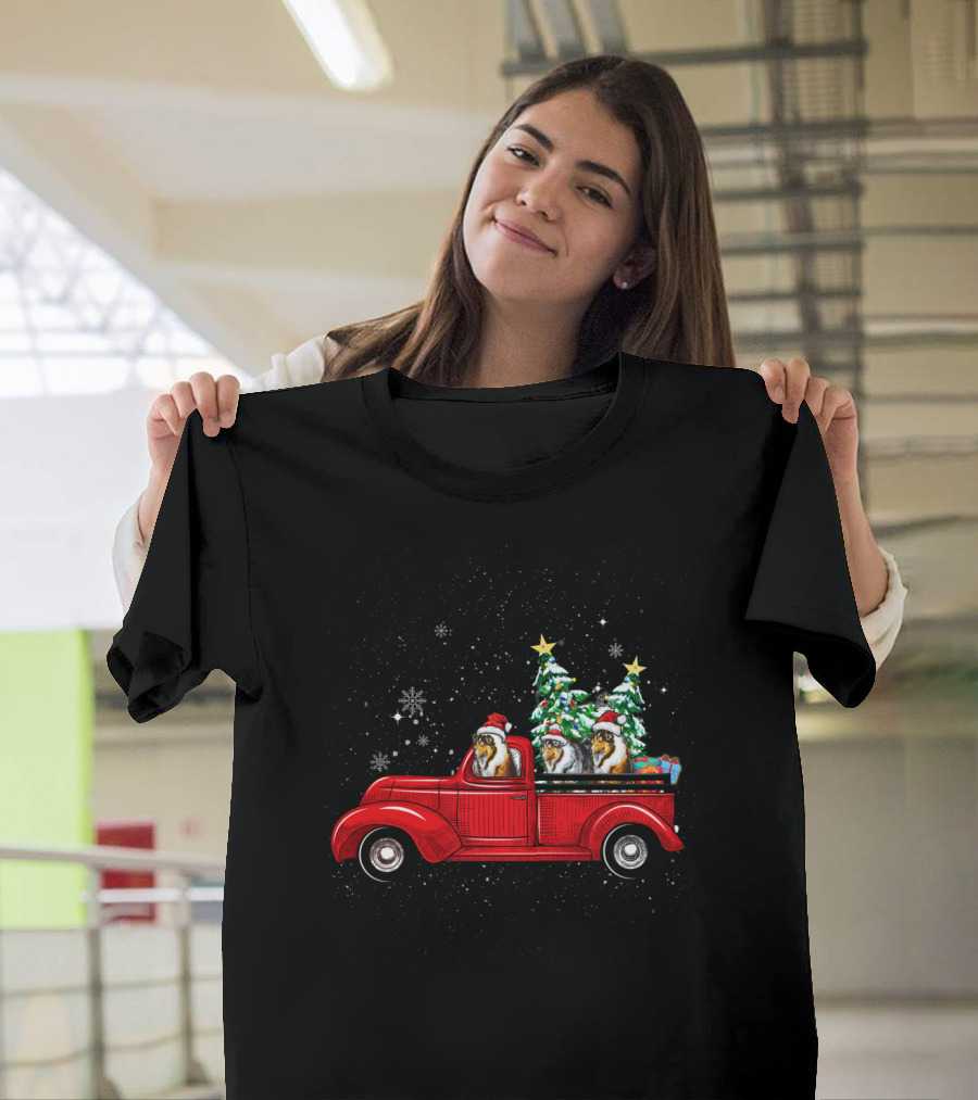 Cute Rough Collies in Santa Hats on Red Christmas Truck with Snowflakes and Christmas Trees T-Shirt