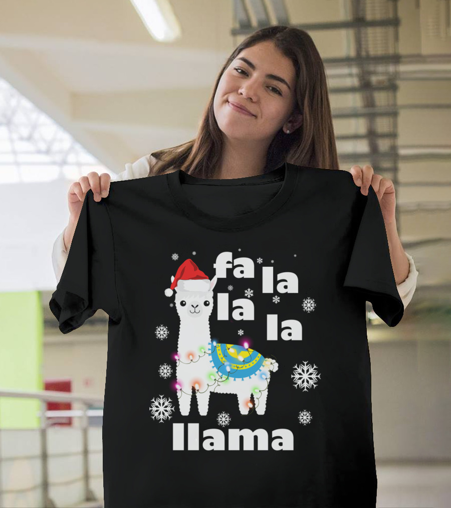 Fa La La Llama Christmas Falala Cute Kawaii Santa Hat Snowflakes Lights T-Shirt
