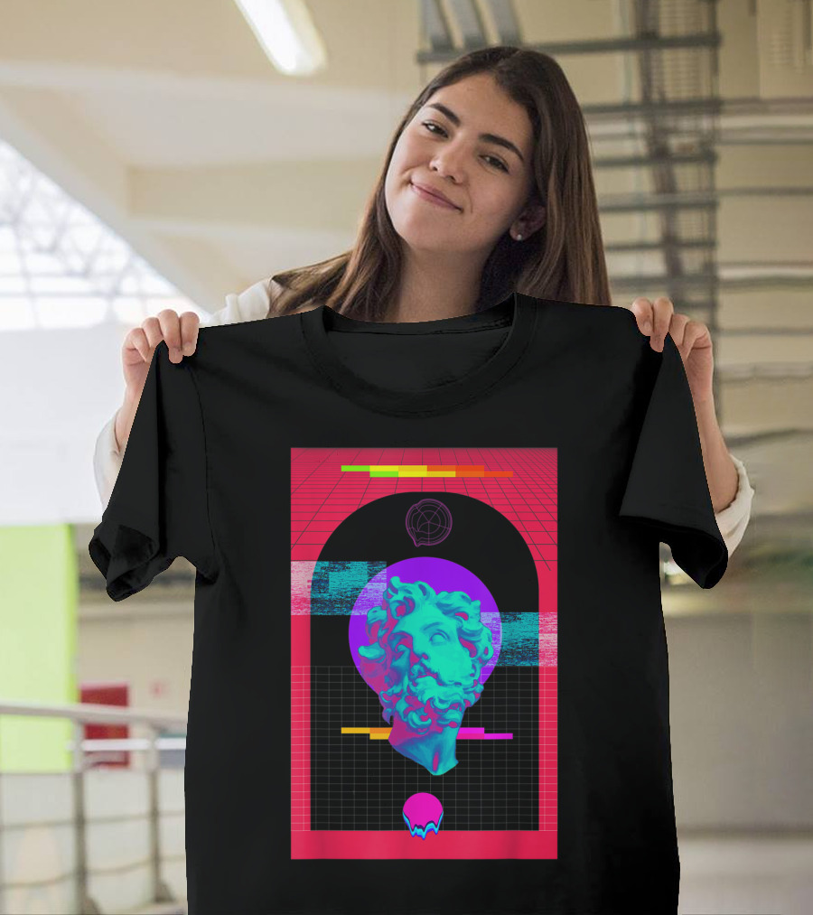 Vaporwave Aesthetic Neon Bust with Retro Grid Elements T-Shirt