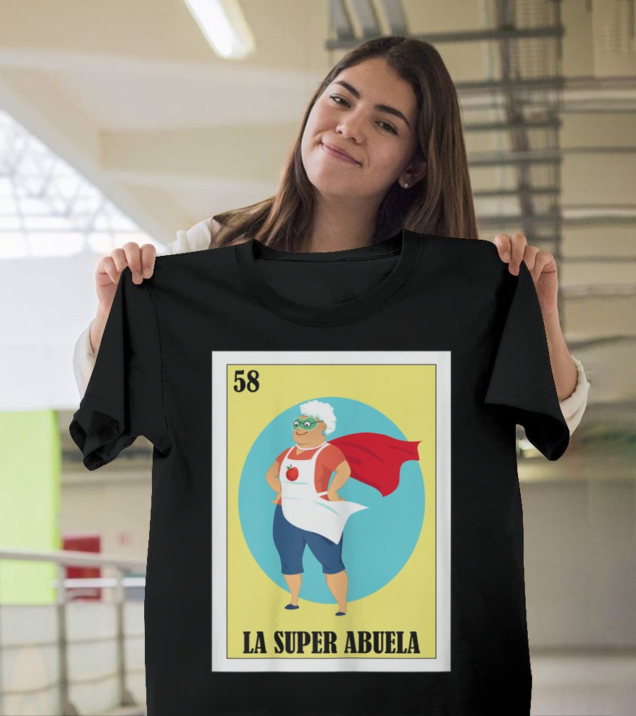 Loteria Card 58 La Super Abuela with Red Cape and Apron T-Shirt