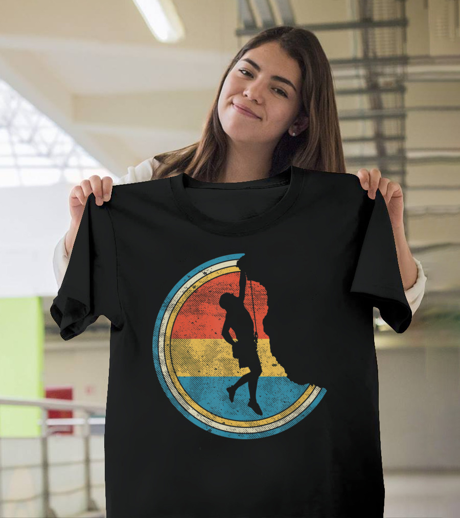 Vintage Rock Climbing Distressed Climber Silhouette Retro Stripes T-Shirt