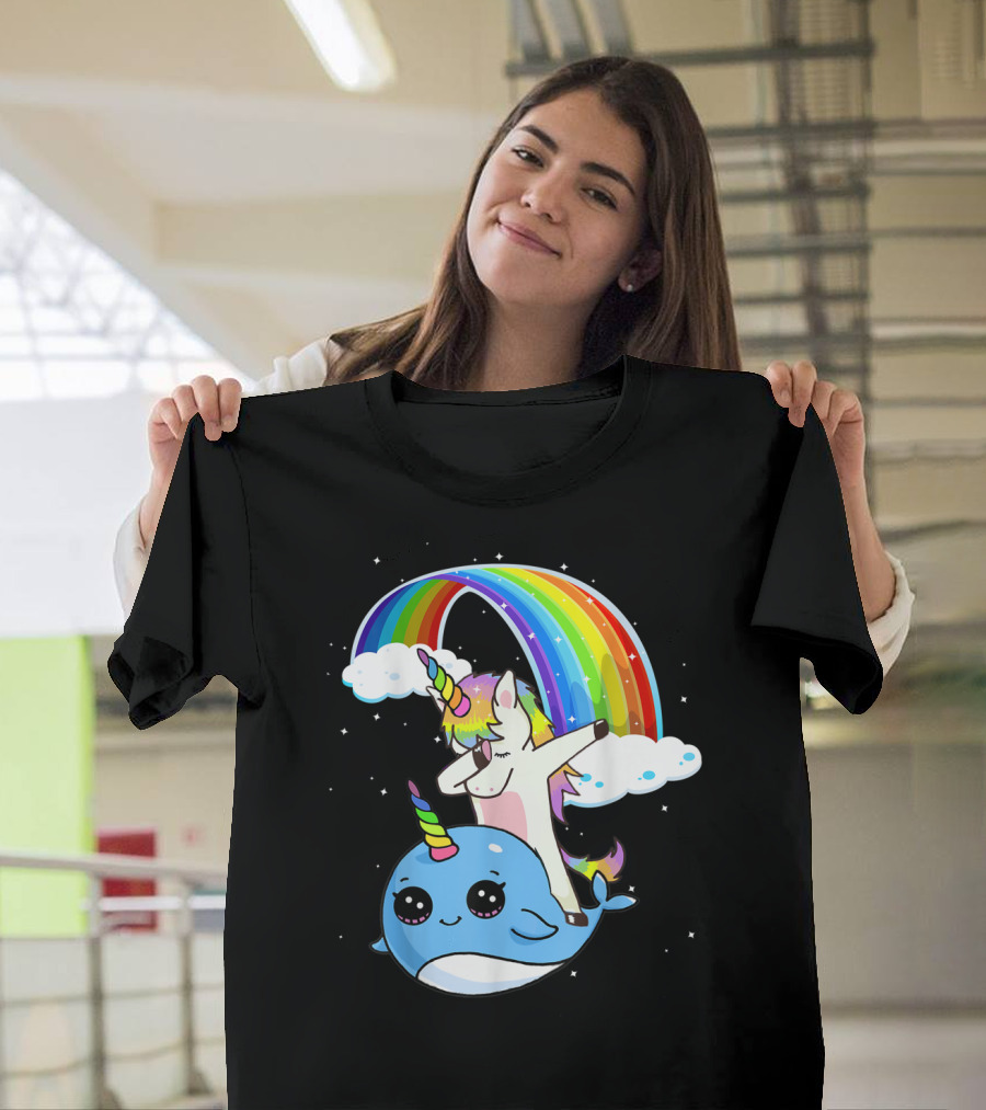 Dabbing Unicorn Riding Cute Narwhal with Colorful Rainbow and Clouds T-Shirt