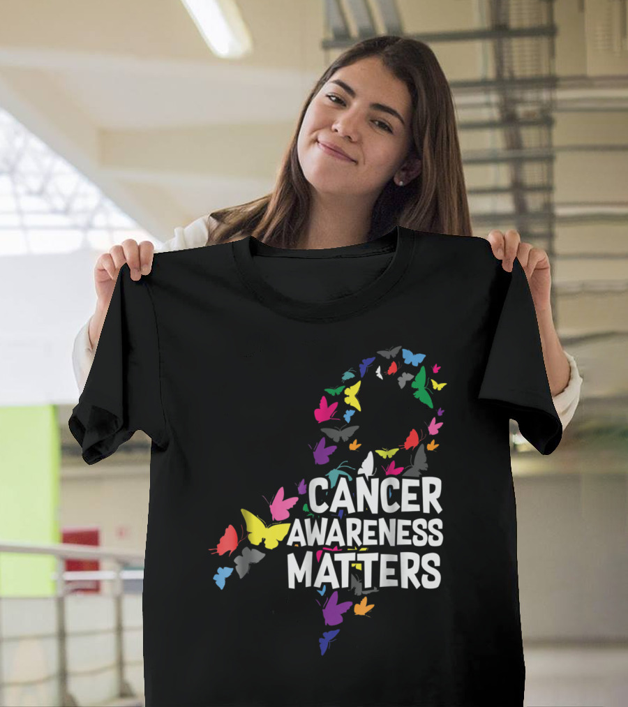 Cancer Awareness Matters Ribbon with Colorful Butterflies T-Shirt