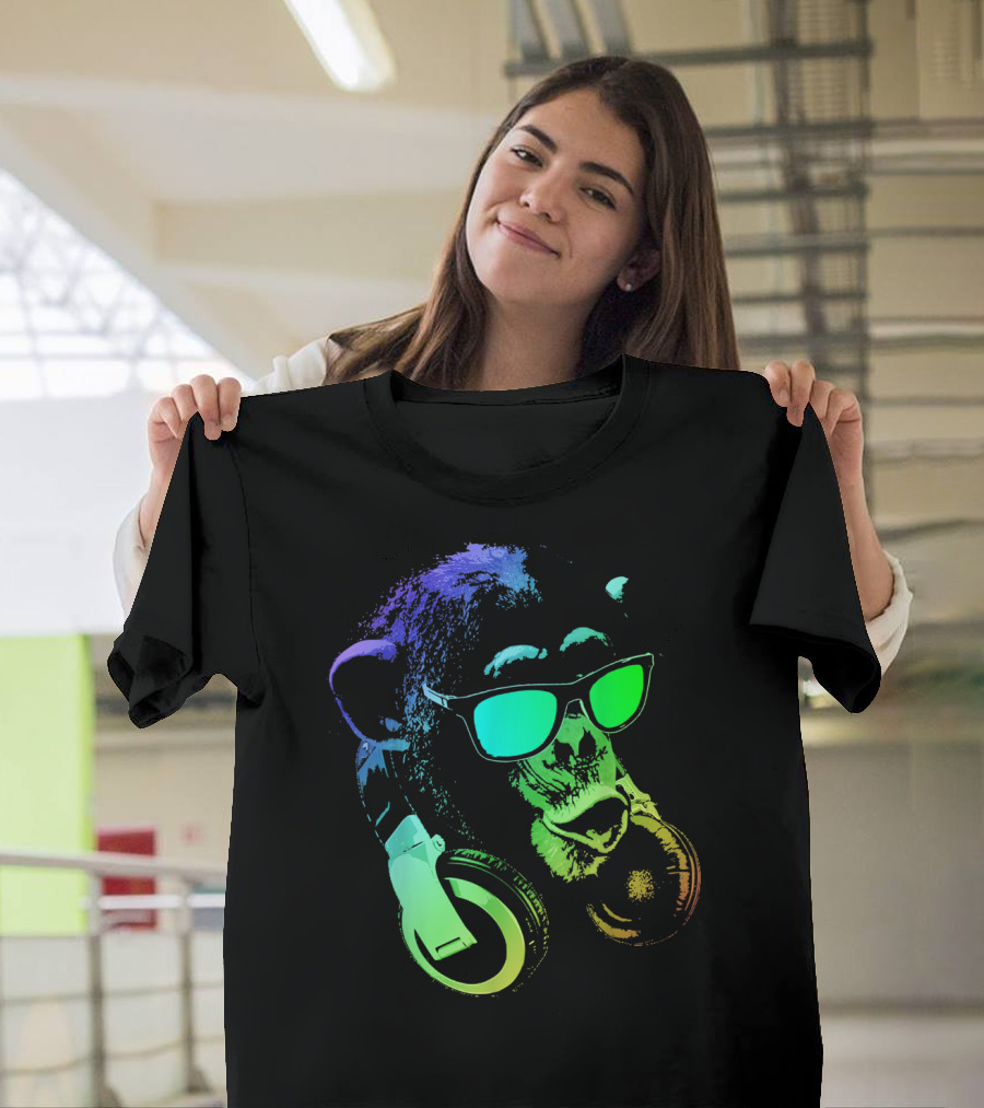 Cool Vibrant Monkey in Neon Sunglasses and Headphones T-Shirt