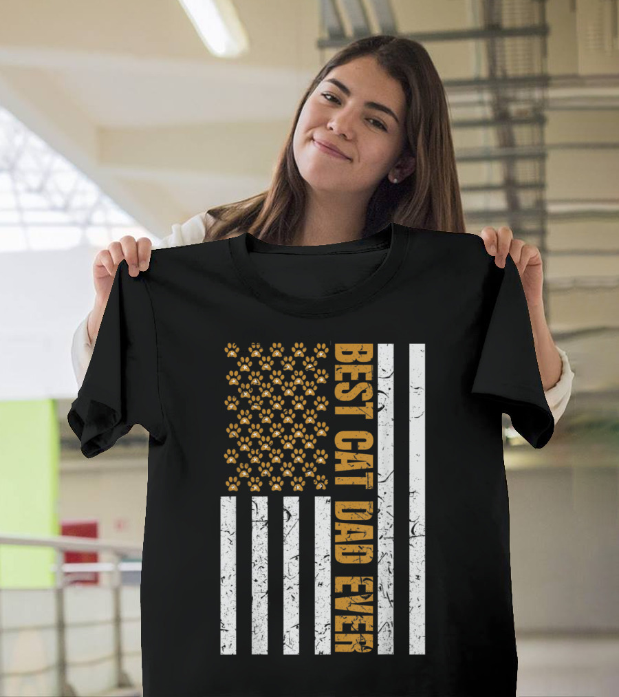 Best Cat Dad Ever American Flag Paw Print Stripes T-Shirt